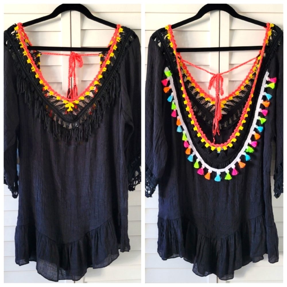 Blue Island Black Neon Multicolor Tassel Open Back Crochet Festival Tunic Top XL